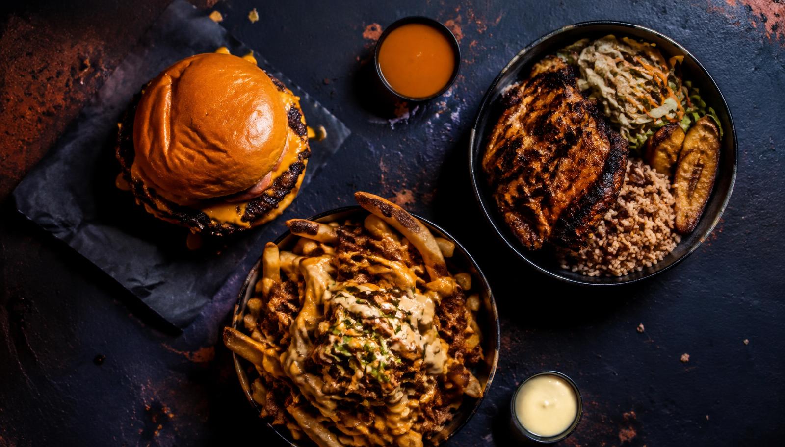 Burgers, loaded fries and jerk chicken bowl